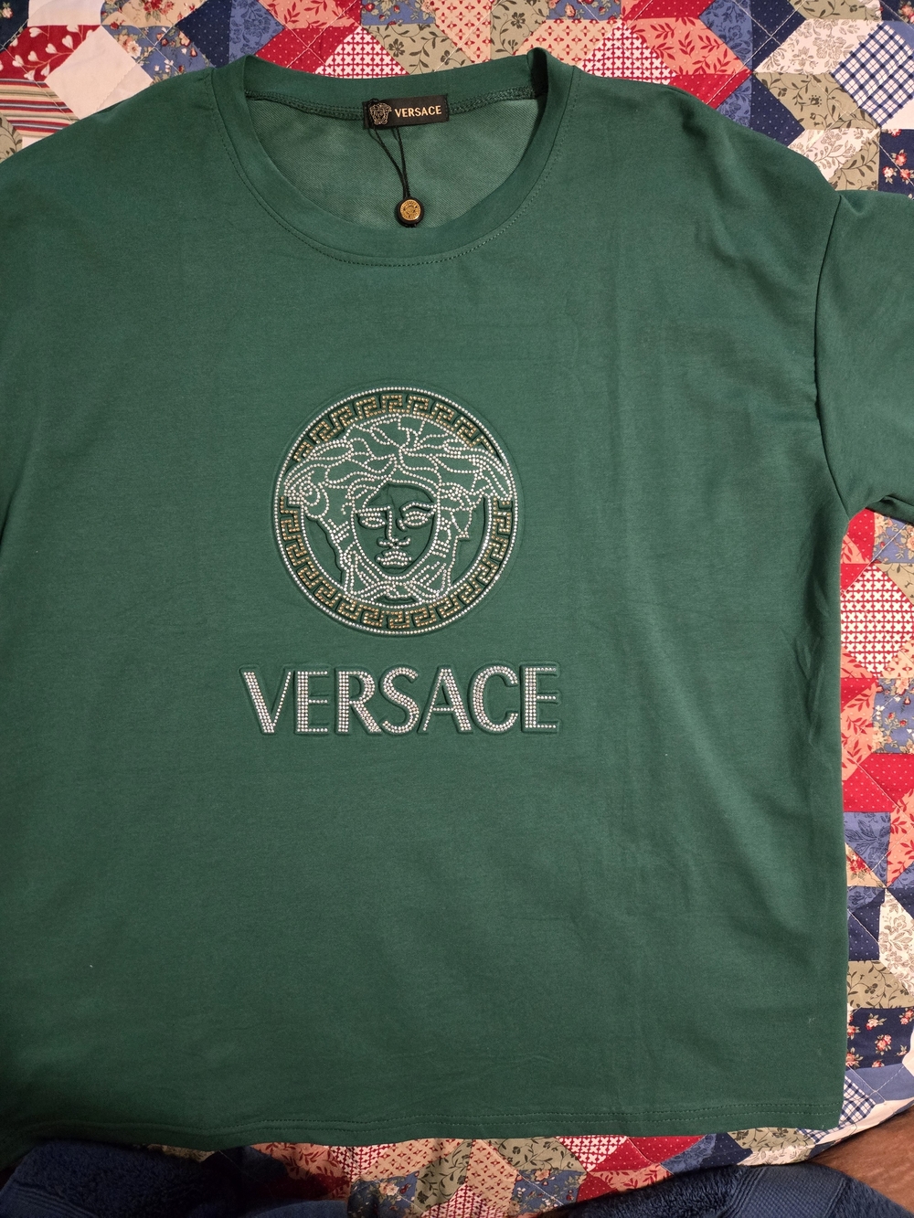 Versace Green Crystal-Embellished Long Sleeve Tee